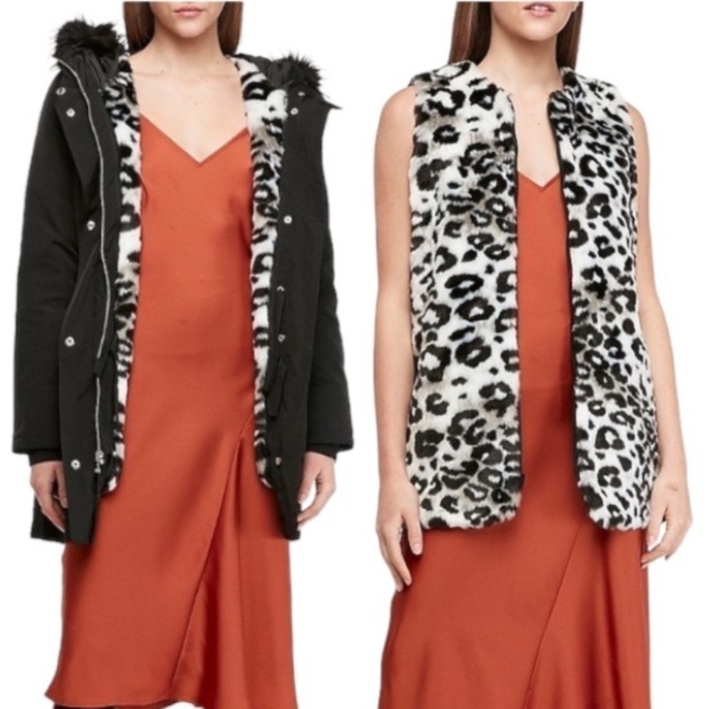 Express Hooded Detachable Leopard Faux Fur Vest Parka Anorak‎ Coat Black Size M